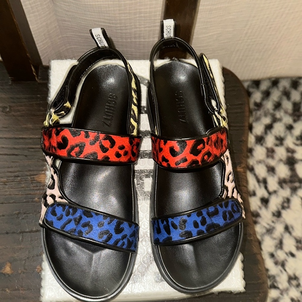 SCHUTZ Multicolor Leopard Print Strap Sandals - Red, Blue, Pink, Yellow, Black
